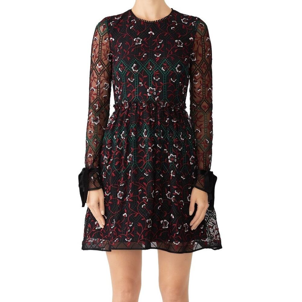 ML Monique Lhuillier Women's Size 0 Black Floral Vine Embroidered Mini Dress